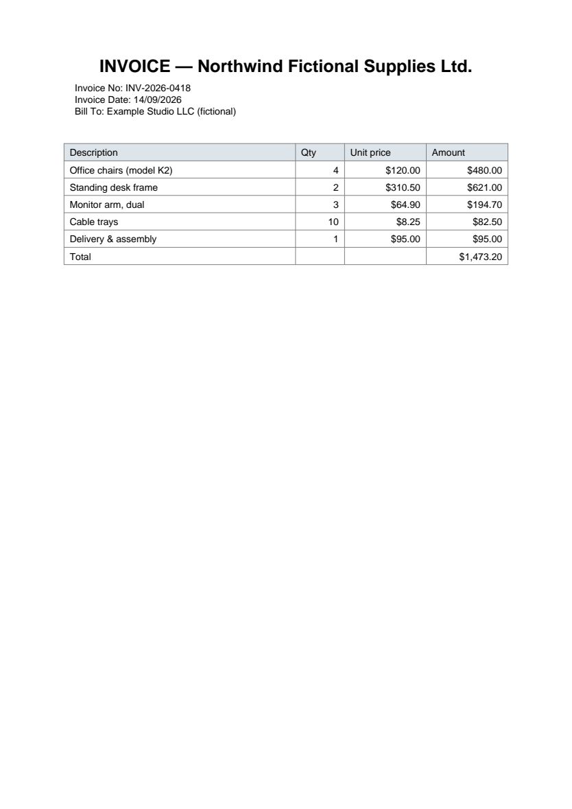 Fictional source document: Invoice → Excel