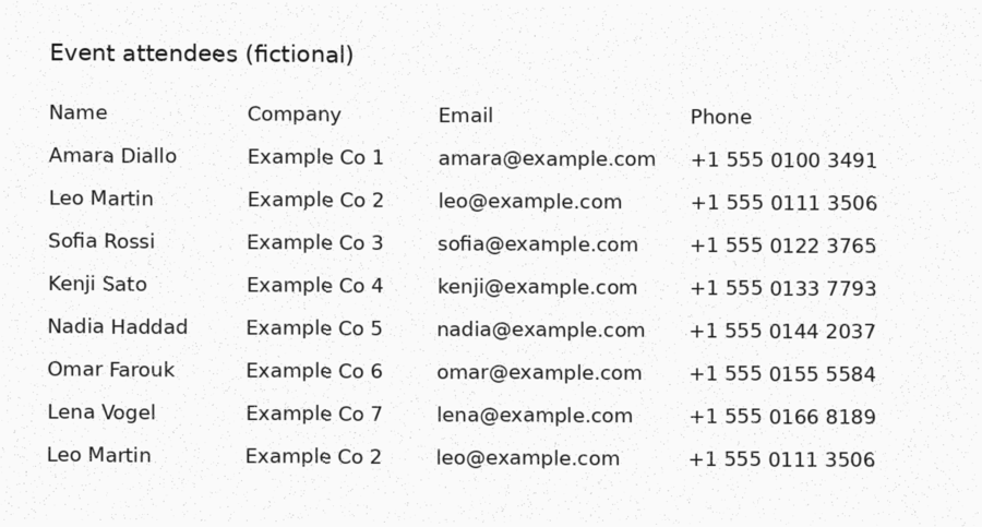 Fictional source document: Contact list → Excel